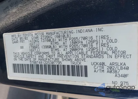 2002 Toyota Tundra Ltd V8 z USA, uszkodzony, nr VIN 5TBBT48122S307795